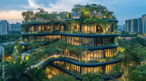 Eco-friendly office building adorned with trees, highlighting sustainability and CO2 reduction in urban architecture.  photo