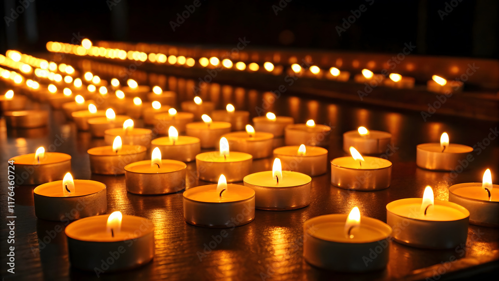 Rows of lit tealight candles glowing in the dark. Rows of lit tealight candles glowing in the dark.
