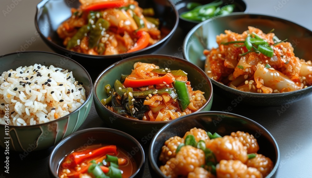 Colorful Kimchi Stir Fry with Rice and Garnishes in Elegant Bowls on a Tabletop