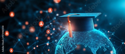 3D rendered graduation cap on a glowing globe, with icons representing education and knowledge, on a networkinspired dark blue background, symbolizing global learning photo