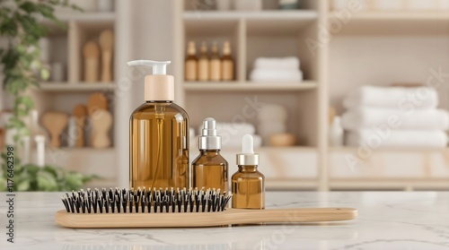 Luxury Skincare and Hair Care Products Still Life: Amber Glass Bottles, Wood Hairbrush, Natural Beauty, Spa, and Wellness Concept on Marble Countertop