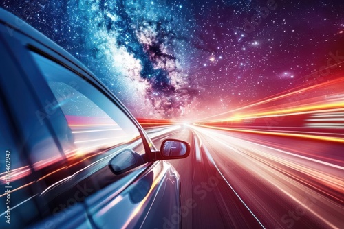 A car speeding through a cosmic landscape, blending motion with a starry night sky.