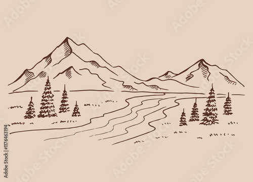 Landscape with mountains and forest. Hand drawn vector illustration.