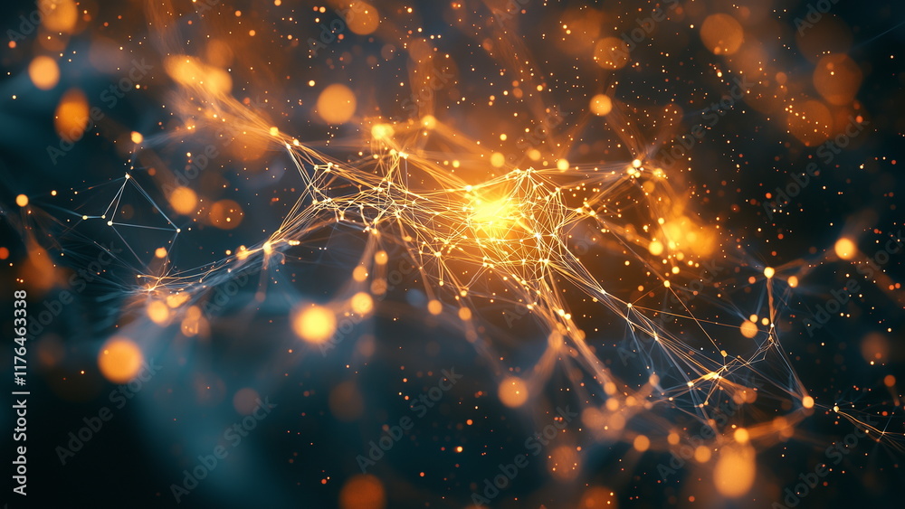 Obraz premium Network illustration, orange light line linking bright orange light dot, web structure, neurone structure, dark space