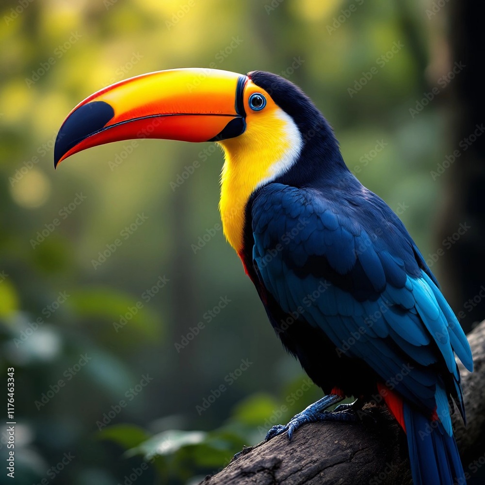 Obraz premium A stunning image of a vibrant Toucan bird perched on a colorful tree branch, showcasing its bright plumage and unique beak. Perfect for adding a pop of color to any room or design.