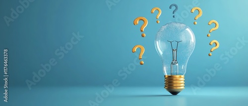 Fototapeta Naklejka Na Ścianę i Meble -  Digital 3D illustration of a lightbulb with question marks orbiting around it, set against a blue background, symbolizing innovative ideas and the search for answers
