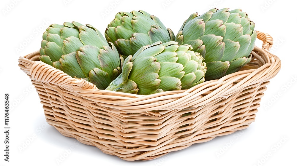 Fototapeta premium Fresh Artichokes in Wicker Basket Isolated on White