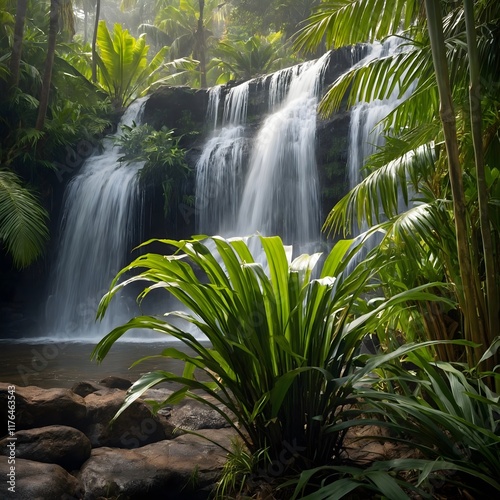 Enchanted Paradise: Dypsis Madagascariensis Palms and Waterfall Mist