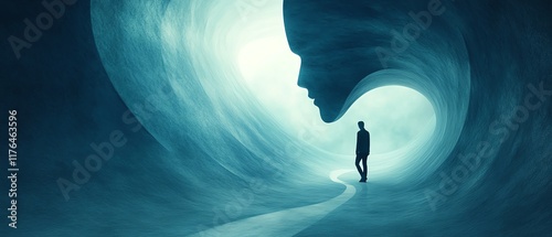 Futuristic abstract image of a man walking through a headshaped corridor, depicting the journey through a mental maze in search of answers and solutions photo