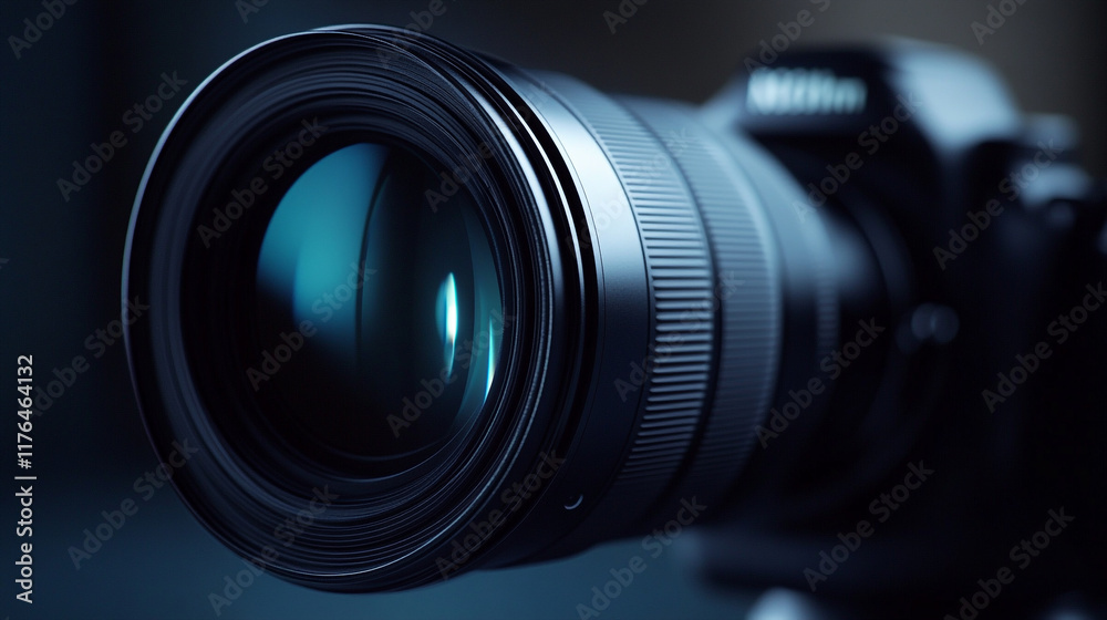 Close-up view of a professional camera lens capturing vibrant moments in low light Close-up view of a professional camera lens capturing vibrant moments in low light