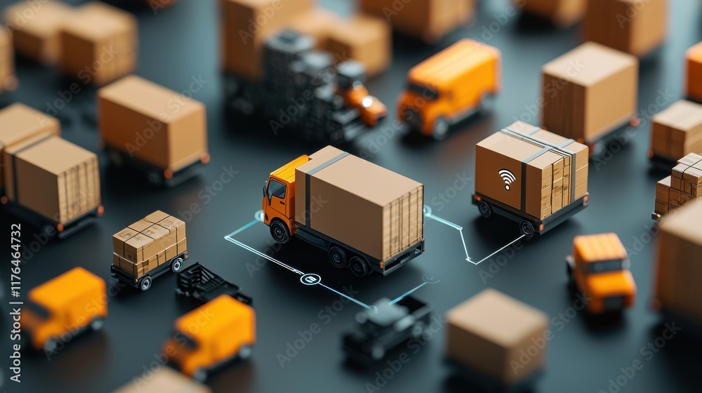 A detailed view of miniature trucks and boxes arranged on a surface, showcasing logistics, transport, and package delivery.
