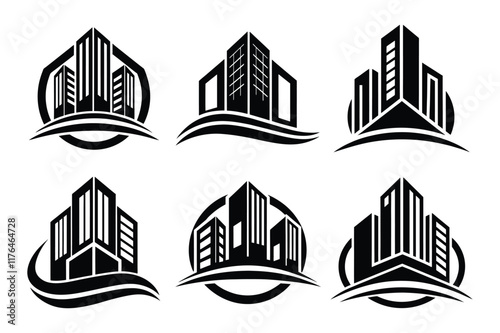 set of real estate buildings logo templates, real estate logo icon, modern building logo template, black silhouette of modern buildings icon for logo design