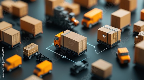 Obraz na płótnie A detailed view of miniature trucks and boxes arranged on a surface, showcasing logistics, transport, and package delivery. w salonie