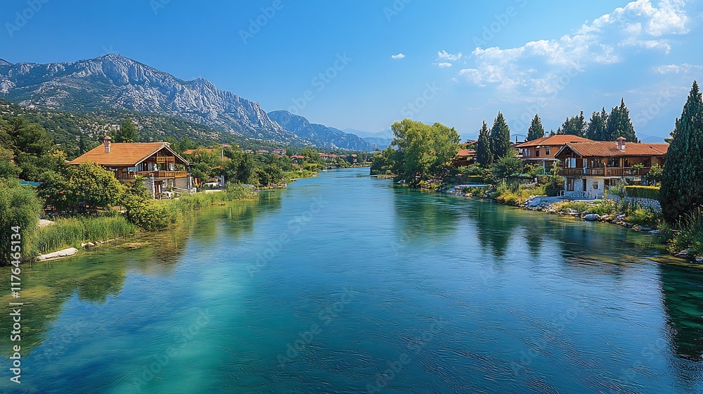 Stunning Wide Shot Photo: Serene River Flows Gently Through Picturesque Mountain Valley. AI Generated Stunning Wide Shot Photo: Serene River Flows Gently Through Picturesque Mountain Valley. AI Generated