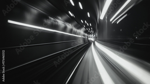 Train travels through a dark tunnel illuminated by bright lights at night