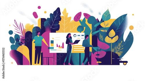 Creative team collaborating on a project in a vibrant outdoor workspace