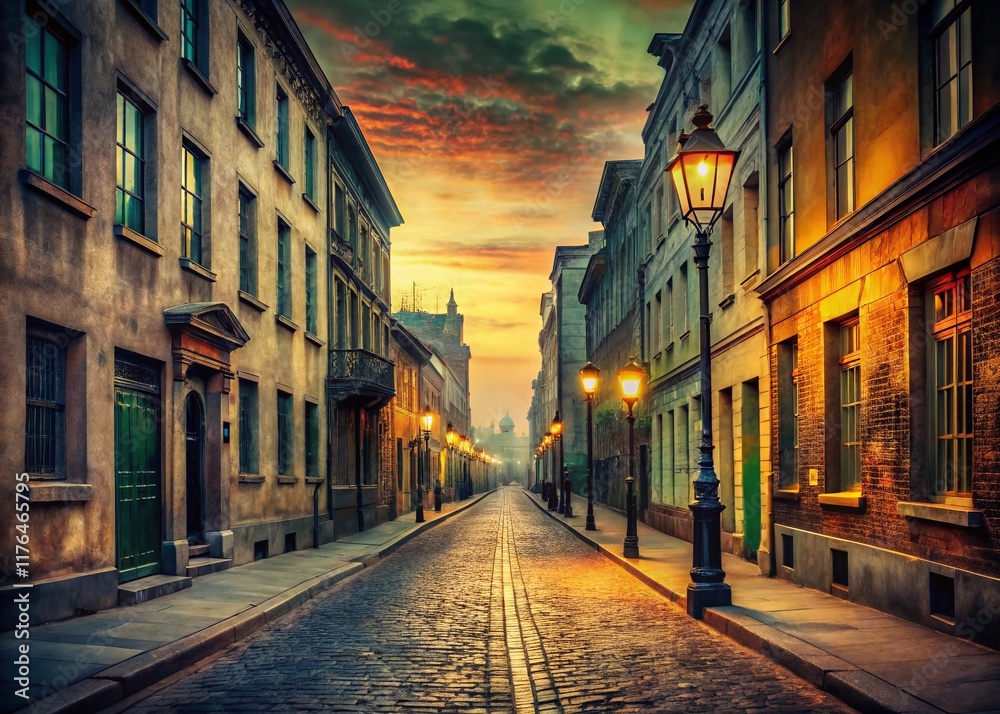 Fototapeta premium Vintage Empty City Street - Deserted Urban Scene at Dusk