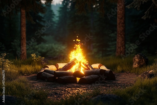 A glowing campfire with logs arranged around it, set in a forest clearing.