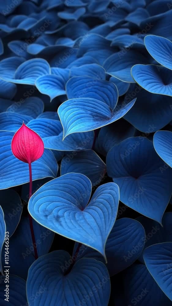 Bright red flower stands out among deep blue leaves in a vibrant natural setting Bright red flower stands out among deep blue leaves in a vibrant natural setting