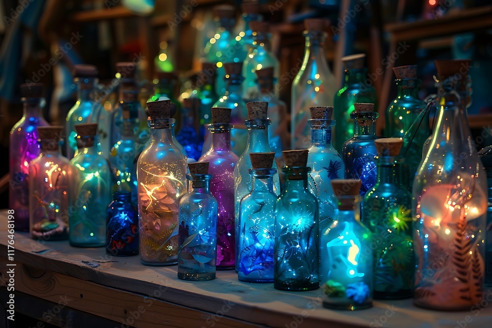 A collection of glass bottles, various colors and sizes, illuminated with fairy lights inside. Cork stoppers, warm lighting, possibly a night market setting. A collection of glass bottles, various colors and sizes, illuminated with fairy lights inside. Cork stoppers, warm lighting, possibly a night market setting.