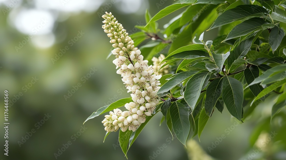Close-up of a blossoming white flower cluster with lush green leaves in a natural outdoor setting. Close-up of a blossoming white flower cluster with lush green leaves in a natural outdoor setting.