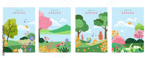 Spring landscape background with mountain and tree  for a4 vertical design