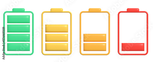 3D Abstract Charging Battery Level Icon set with charge levels isolated on a transparent background. Vector. 3d Rendering Bubble Inflatable Balloon full phone energy indicator shape.