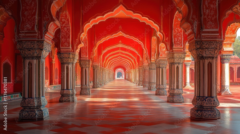 Naklejka premium Ornate red colonnade, receding perspective.