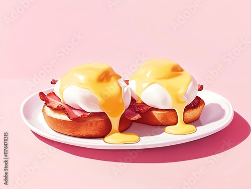 Classic eggs benedict with English muffins, crispy bacon, and a rich hollandaise sauce, served on a clean white plate, isolated on a pastel pink background