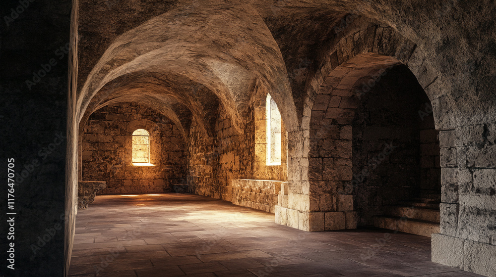 Historic stone room with arched ceilings and warm sunlight filtering through windows Historic stone room with arched ceilings and warm sunlight filtering through windows
