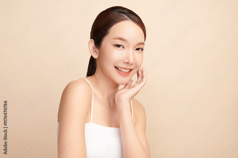 Beautiful young asian woman with clean fresh skin on beige background, Face care, Facial treatment, Cosmetology, beauty and spa, Asian women portrait. Beautiful young asian woman with clean fresh skin on beige background, Face care, Facial treatment, Cosmetology, beauty and spa, Asian women portrait.