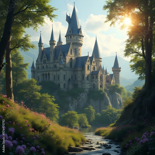 Wallpaper Mural Gothic castle during the day in the bright summer sun, surrounded by a summer forest Torontodigital.ca