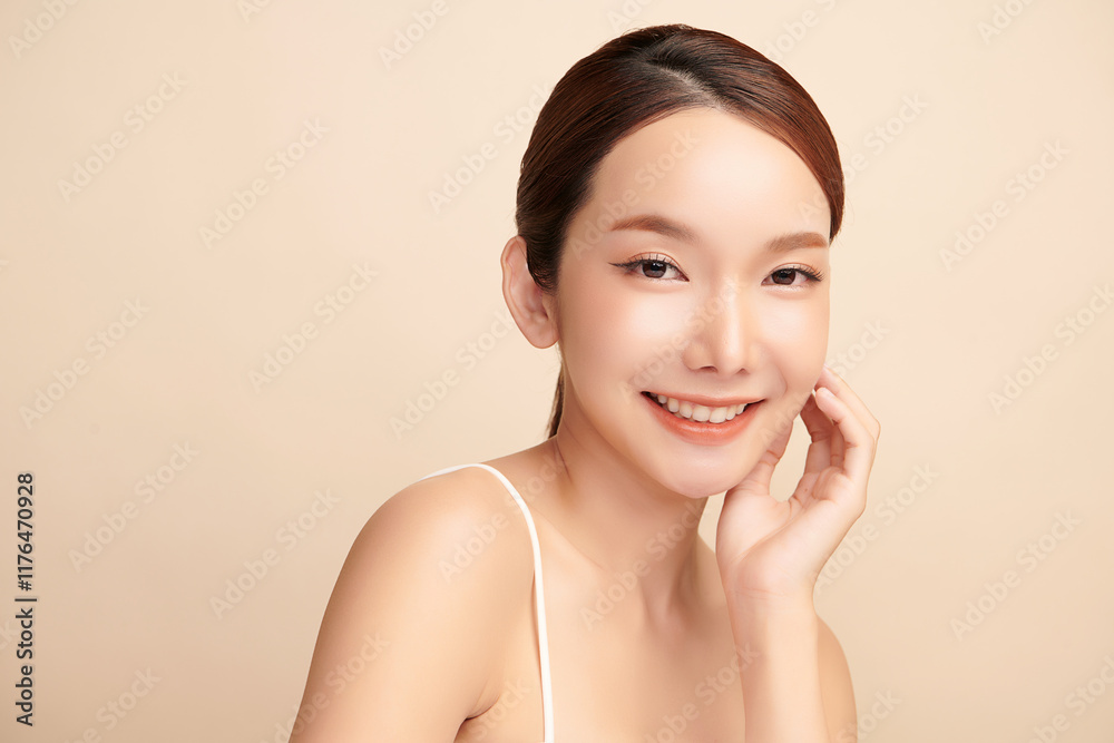 Beautiful young asian woman with clean fresh skin on beige background, Face care, Facial treatment, Cosmetology, beauty and spa, Asian women portrait. Beautiful young asian woman with clean fresh skin on beige background, Face care, Facial treatment, Cosmetology, beauty and spa, Asian women portrait.