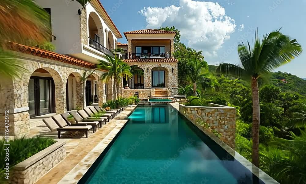 Luxurious villa with an infinity pool surrounded by lush greenery and bright blue skies.