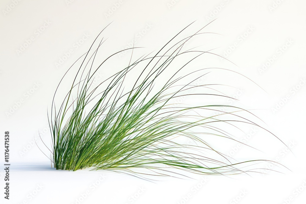 A delicate close-up of green grass blades gently swaying in the wind, set against a soft white background for a minimalist and serene effect.