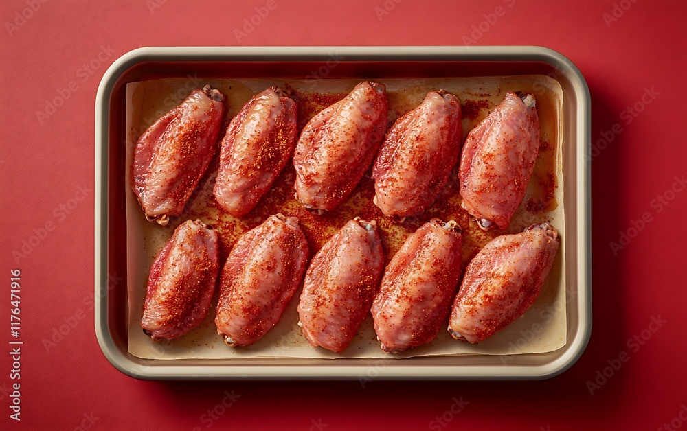 Plump chicken wings coated with spicy seasoning, arranged on a parchment-lined tray, isolated on a muted red background resembling a barbecue preparation setup Plump chicken wings coated with spicy seasoning, arranged on a parchment-lined tray, isolated on a muted red background resembling a barbecue preparation setup