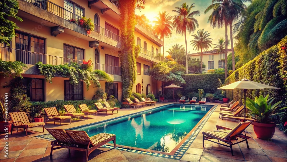 Obraz premium Vintage Hotel Poolside Relaxation: Sun-Drenched Summer Idyll