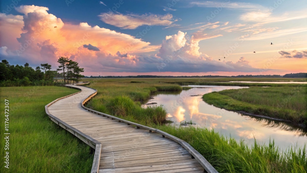 Fototapeta premium Serene Sunset Marshland with Wooden Boardwalk and Tranquil Water V4