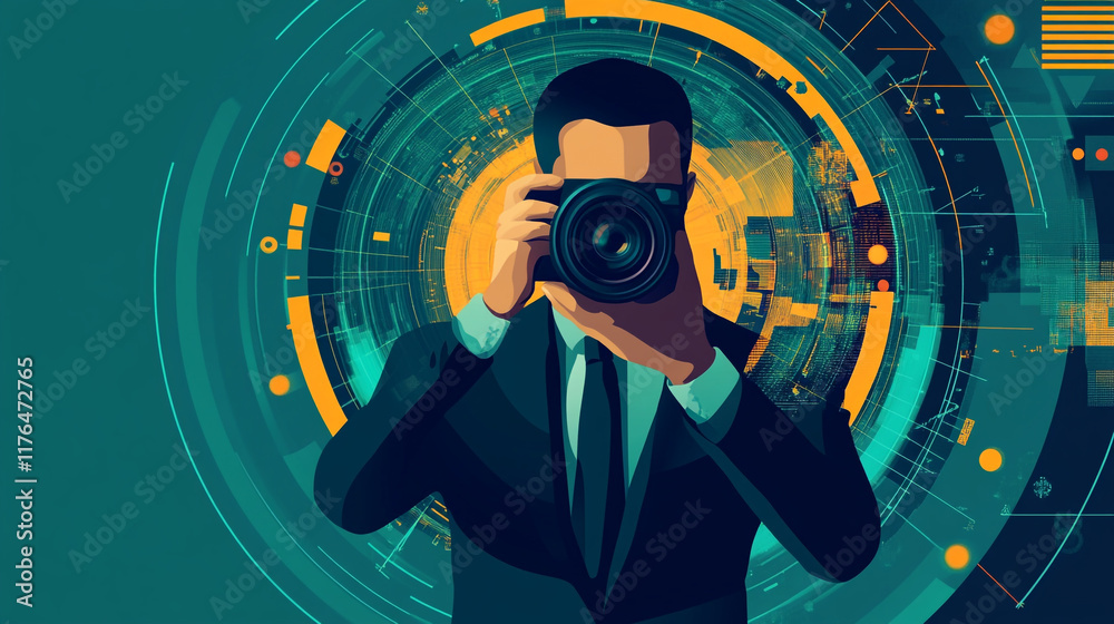 Obraz premium Professional photographer capturing moments in a digital environment with modern aesthetics