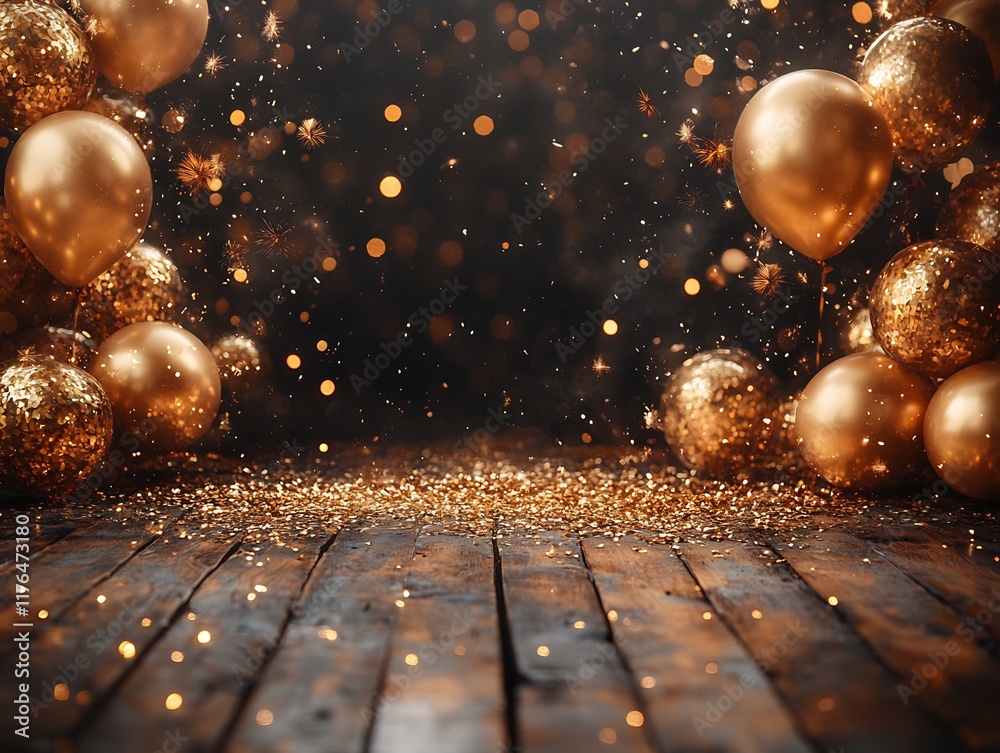 Fototapeta premium Close-up Photo: Sparkling Gold Balloons Gracefully Falling onto Rustic Wooden Floor. AI Generated