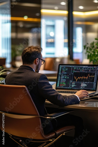 Portfolio manager reviewing stock performance on a laptop in a modern office setting photo