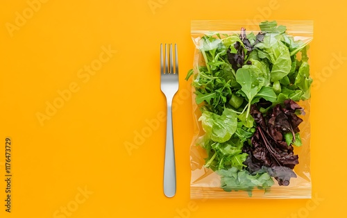A sealed package of assorted salad greens, ready for serving, laid flat on a marble countertop with a salad fork and dressing sachet, isolated on a muted orange background
