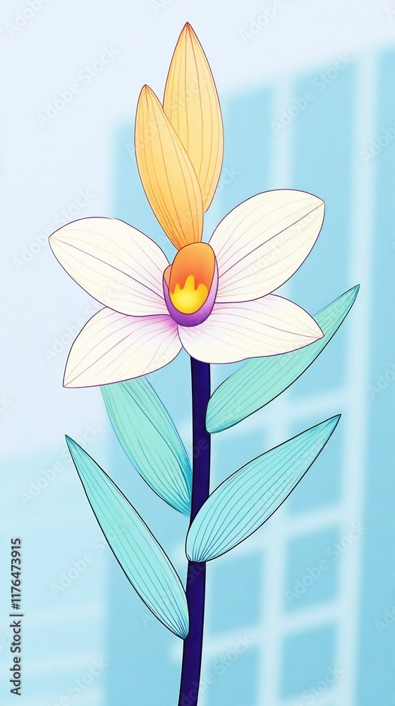 Naklejka premium Stunning Digital Illustration: Delicate Orchid Flower Blooming Against Modern Cityscape. AI Generated