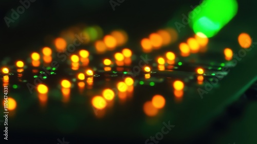 Glowing microchip with electric pulses, vibrant circuitry illuminated, showcasing advanced technology and innovation in a dynamic close-up view photo