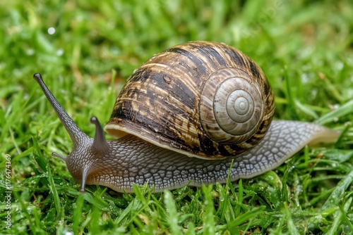 A detailed macro shot of a garden banded snail moving slowly across dewy grass in soft morning light.