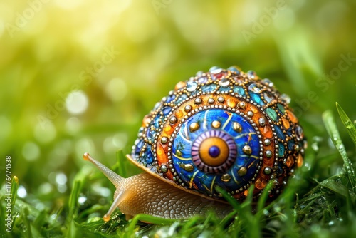 A detailed macro shot of a garden banded snail moving slowly across dewy grass in soft morning light.