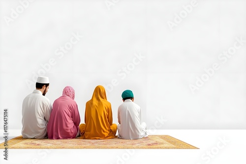 A family of four sits on a rug, with a man and a woman in orange and a boy