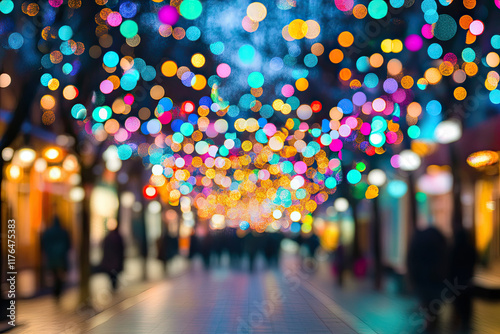 Blurry cityscape at night with colorful bokeh lights creating an urban atmosphere photo