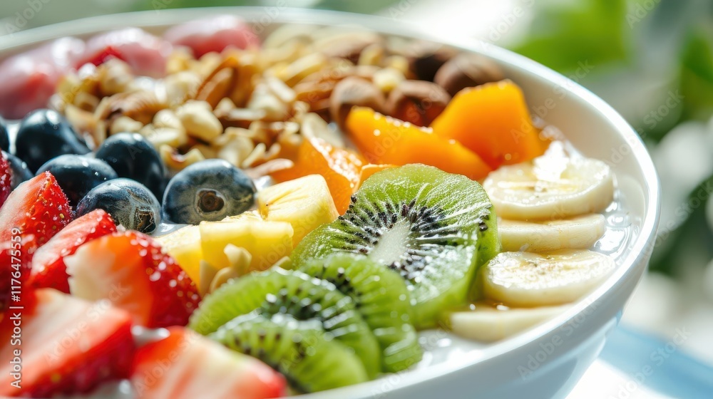 A colorful bowl of fruit, yogurt, and granola, perfect for a healthy breakfast or snack. A colorful bowl of fruit, yogurt, and granola, perfect for a healthy breakfast or snack.