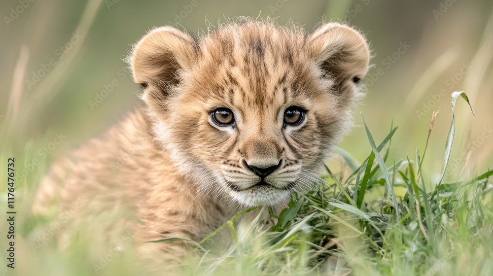 A baby lion cub is sitting in the grass A baby lion cub is sitting in the grass